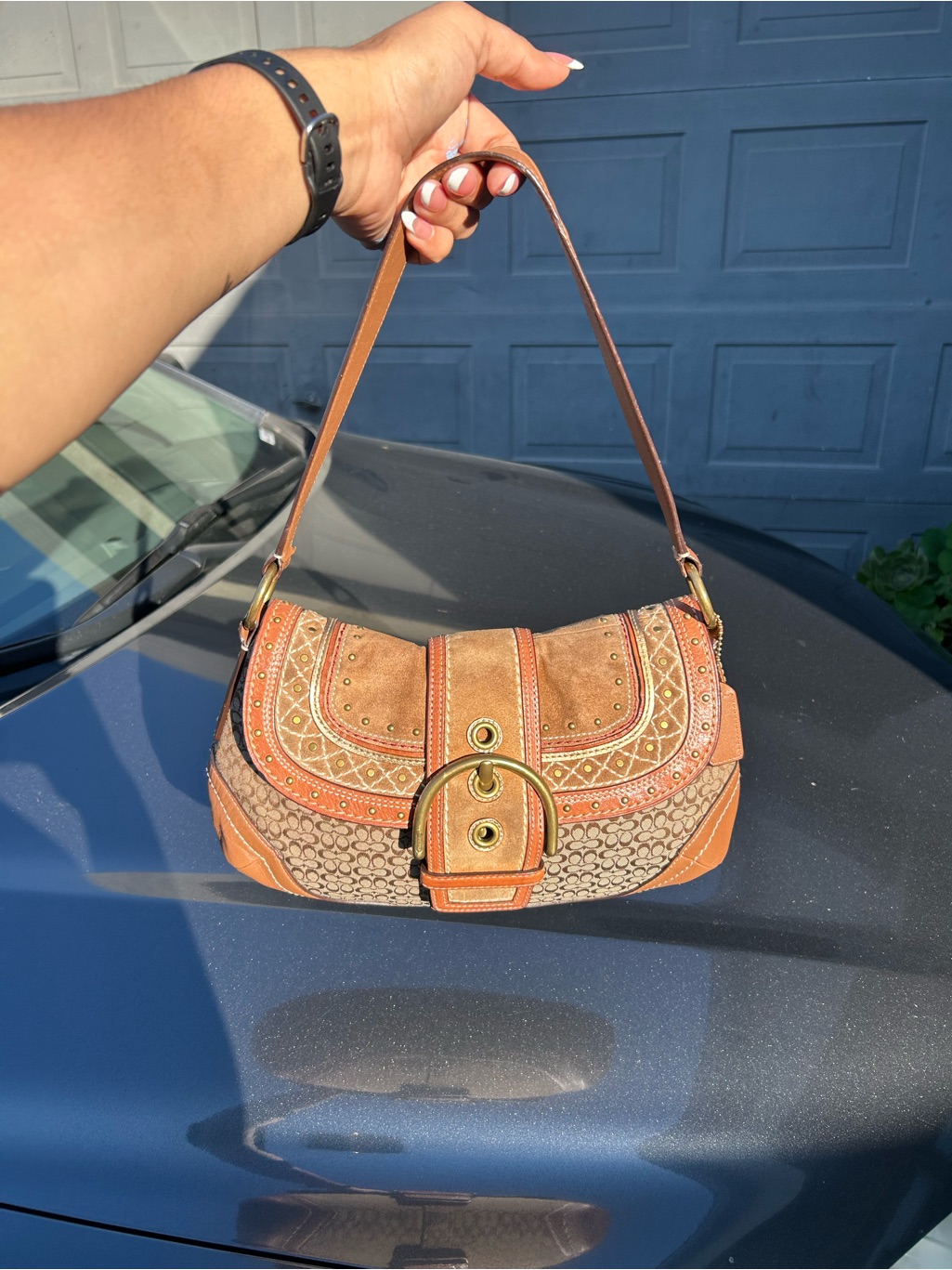 Coach Tan Suede & Leather Shoulder Bag With Brass Buckle Accent